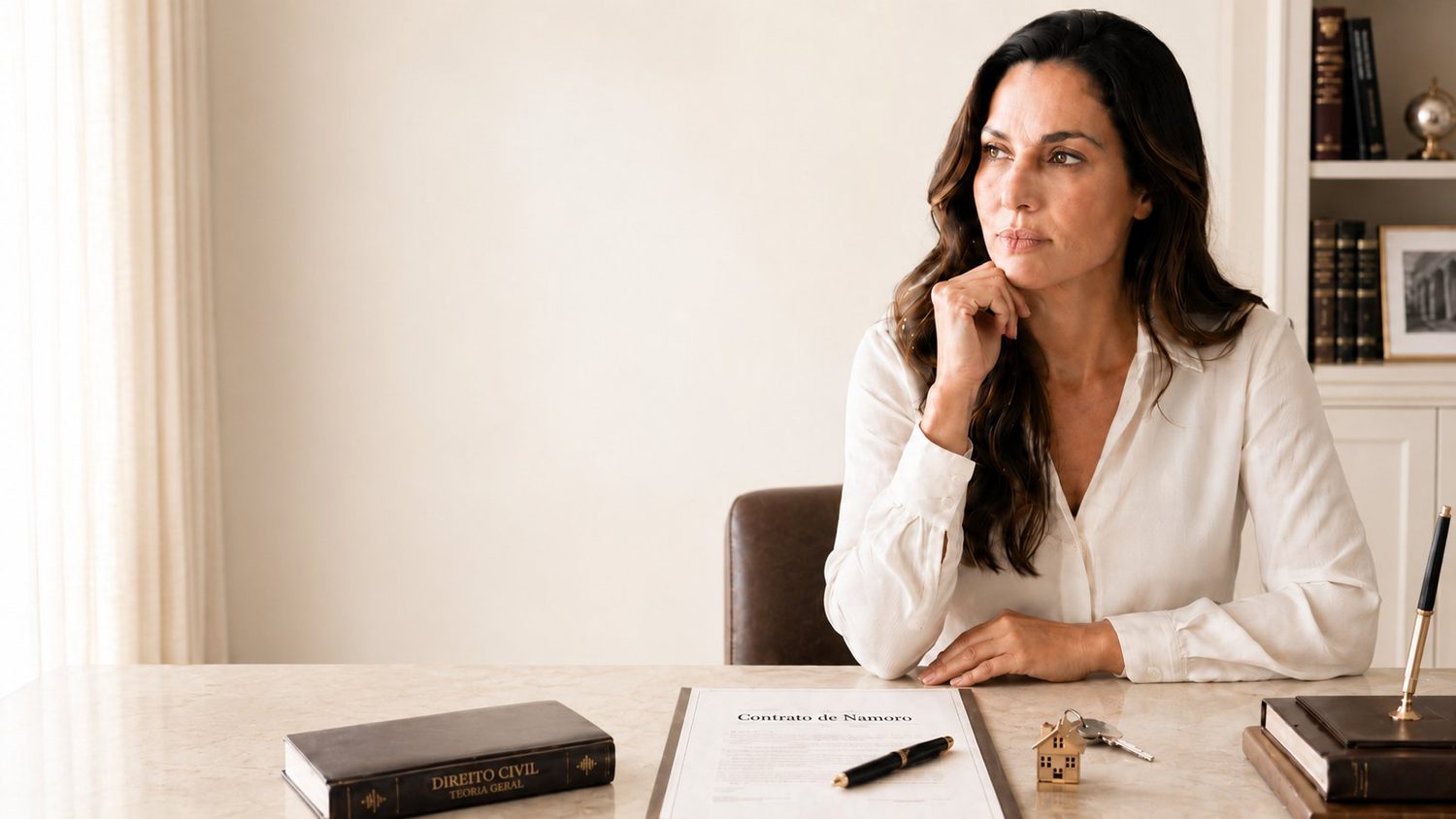 Mulher pensativa no escritório, com um Contrato de Namoro e um livro de Direito Civil sobre a mesa